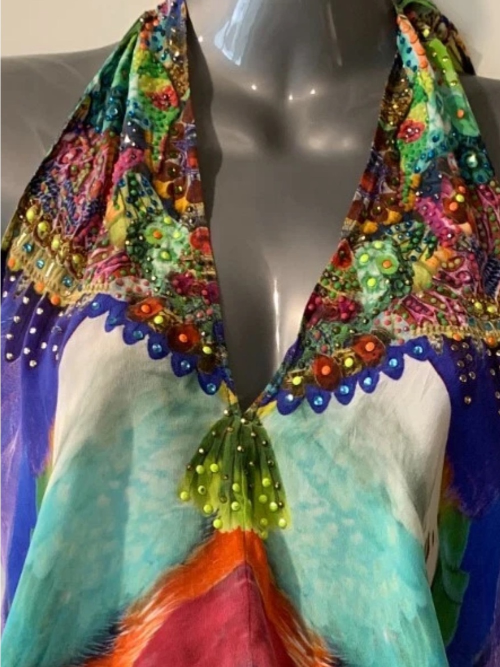 Camilla Multicolor Halter Backless 100% Silk Romper with Swarovski Crystals - Picture 3 of 11